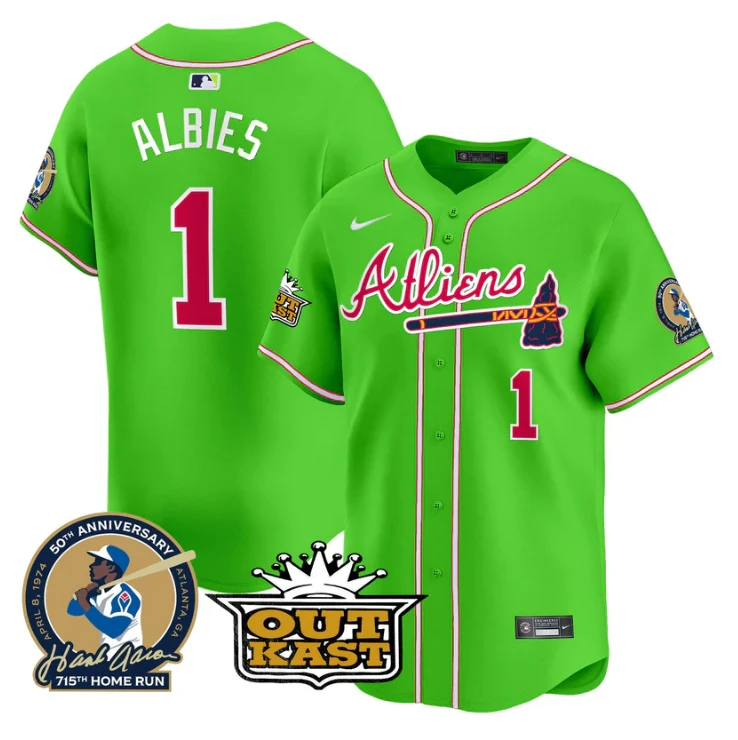 Ozzie Albies Jersey #1 Atlanta Braves Atliens Hank Aaron Patch Limited Stitched Bright Green by My Store