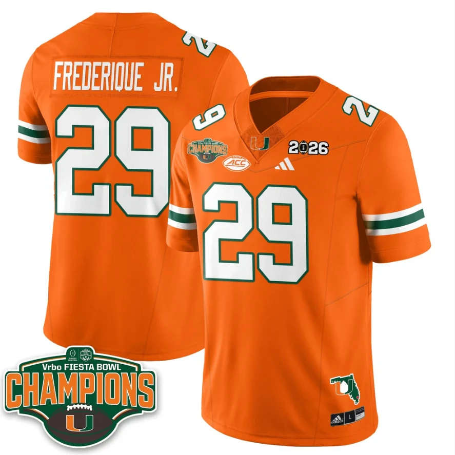 OJ Frederique Jr Jersey #29 Miami Hurricanes 2026 Fiesta Bowl Champions Stitched by My Store NCAA Football Jerseys