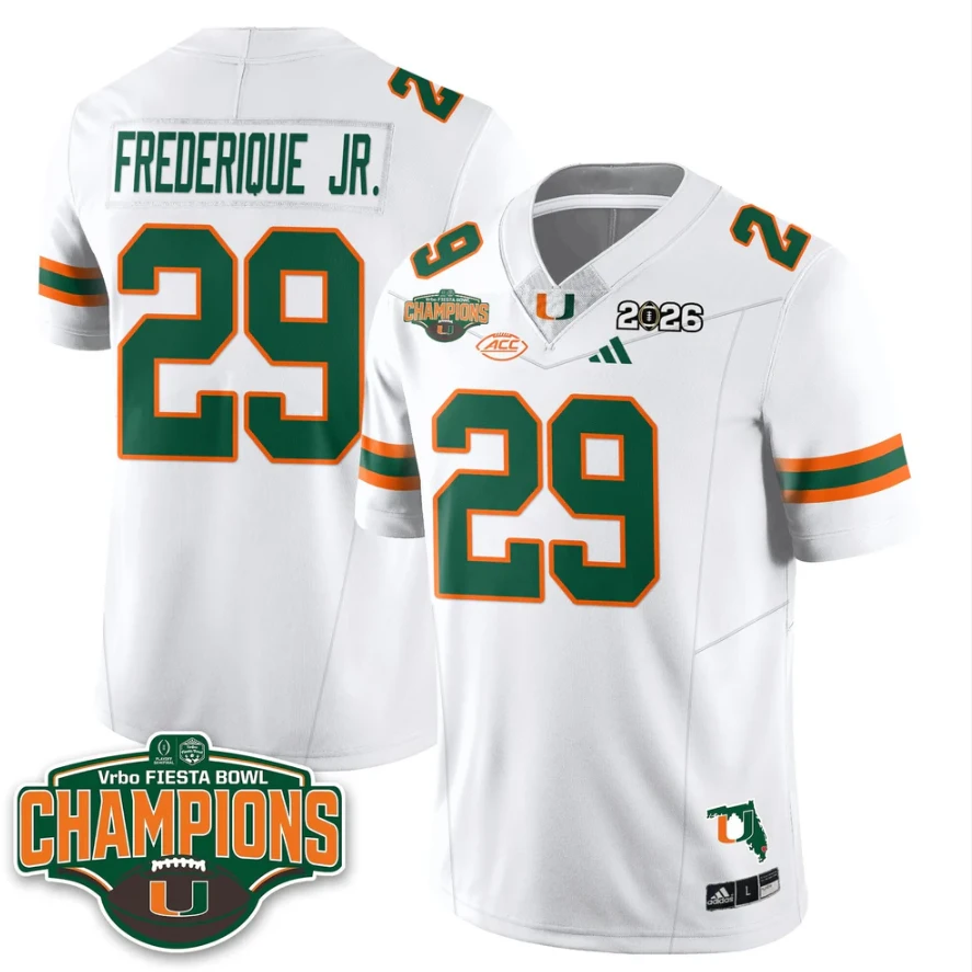 OJ Frederique Jr Jersey #29 Miami Hurricanes 2026 Fiesta Bowl Champions Stitched by My Store NCAA Football Jerseys