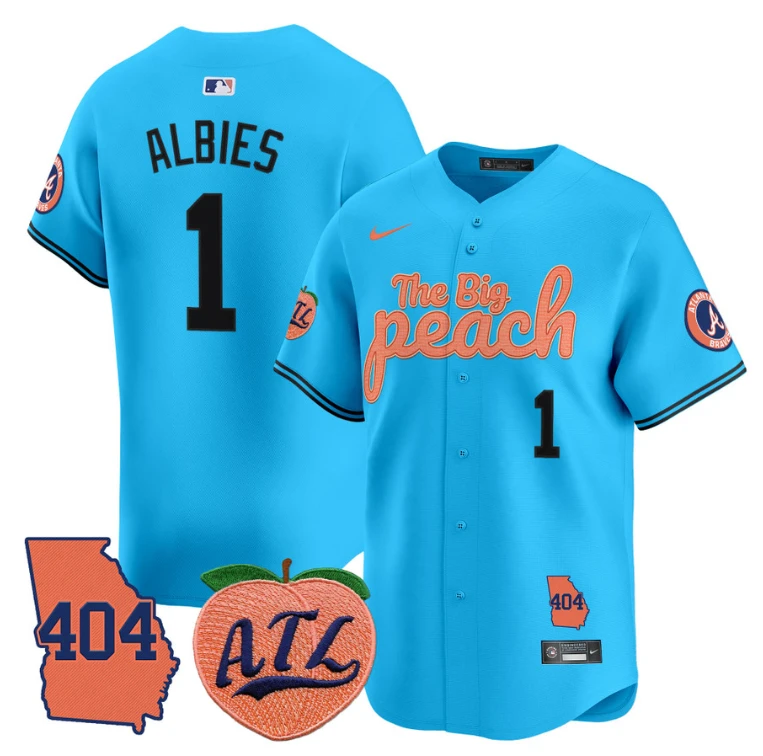 Ozzie Albies Jersey #1 Atlanta Braves 404 & The Big Peach Premier Limited Stitched Light Blue by My Store