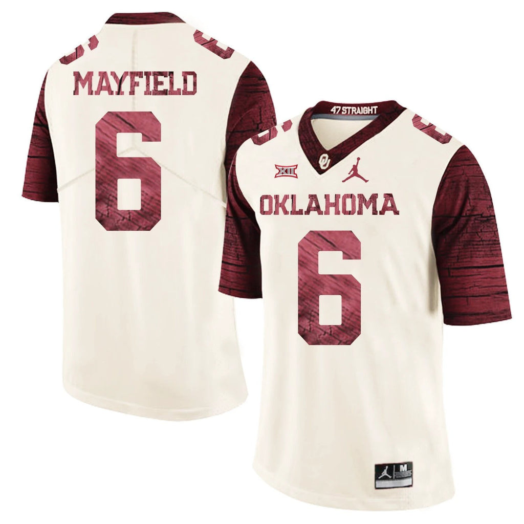 Oklahoma Sooners #6 Baker Mayfield Firewood Pattern White NCAA College Football Jersey by My Store