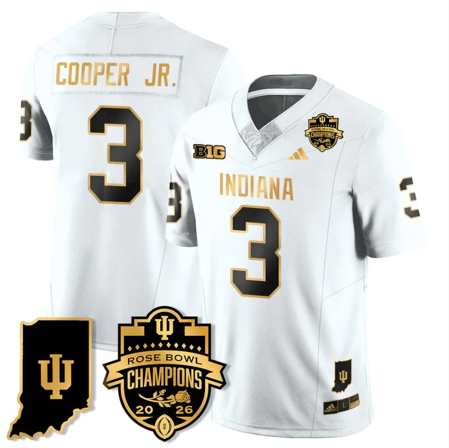 Omar Cooper Jr Jersey #3 Indiana Hoosiers 2026 Rose Bowl Champions White Gold by NCAA Football Jersey