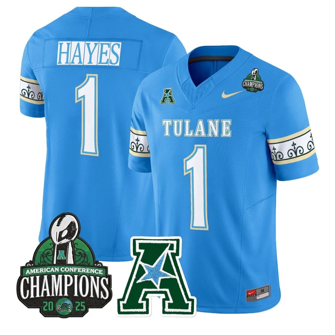 Omari Hayes Jersey #1 Tulane Green Wave City Edition 2025 AAC Champions Blue by NCAA Football Jersey