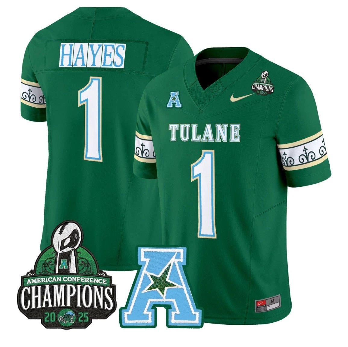 Omari Hayes Jersey #1 Tulane Green Wave City Edition 2025 AAC Champions Green by NCAA Football Jersey