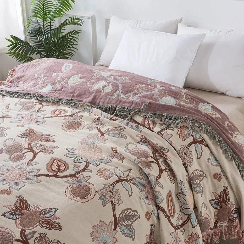 Orchid Trail Floral Cotton Tassel Bed Blanket by Casa & Beyond