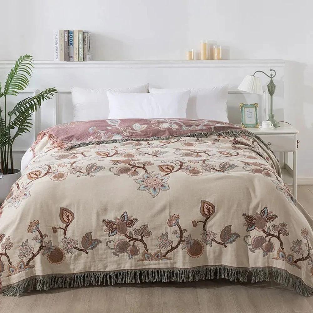 Orchid Trail Floral Cotton Tassel Bed Blanket by Casa & Beyond