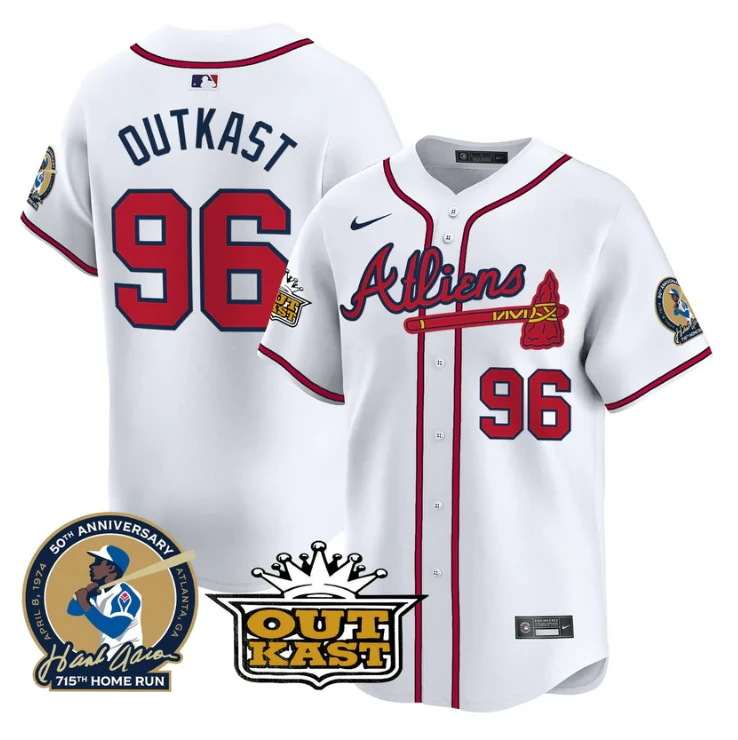 OutKast Jersey #96 Atlanta Braves Atliens Hank Aaron Patch Limited Stitched White by My Store