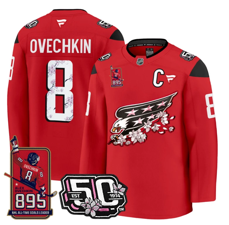 Ovechkin Jersey #8 Washington Capitals All-Time Leading Goals Leader Patch Red by Hockey David