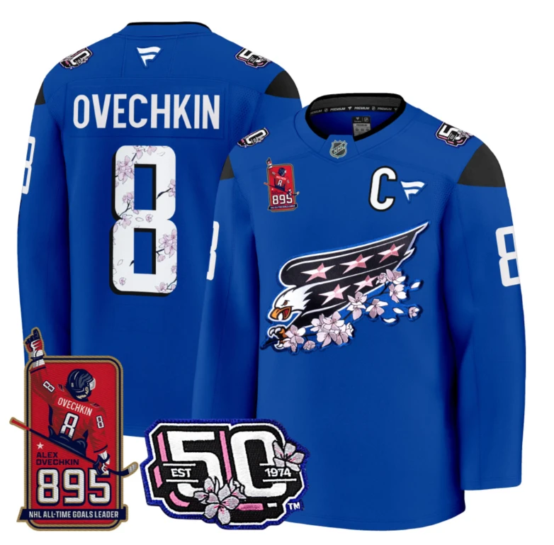 Ovechkin Jersey #8 Washington Capitals All-Time Leading Goals Leader Patch Royal by Hockey David