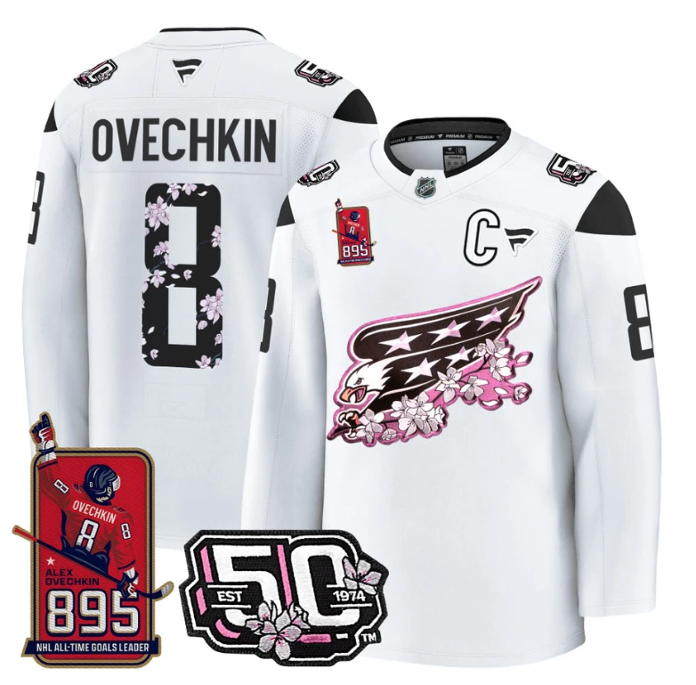 Ovechkin Jersey #8 Washington Capitals All-Time Leading Goals Leader Patch White by Hockey David