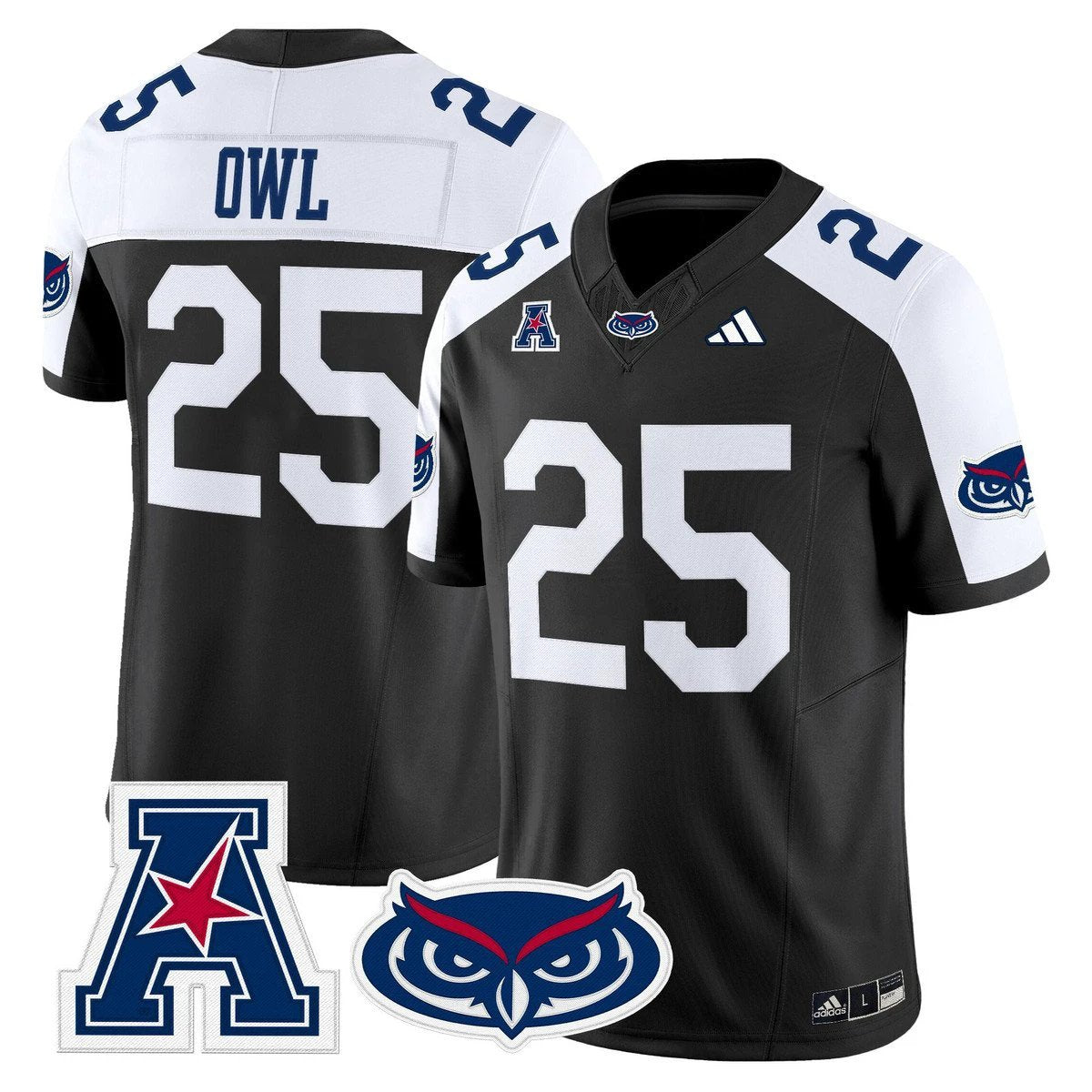 Owl Jersey #25 Florida Atlantic Owls 2025 All Stitched Black Alter by My Store NCAA Football Jerseys