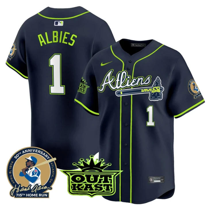 Ozzie Albies Jersey #1 Atlanta Braves Atliens Hank Aaron Patch Limited Stitched by My Store