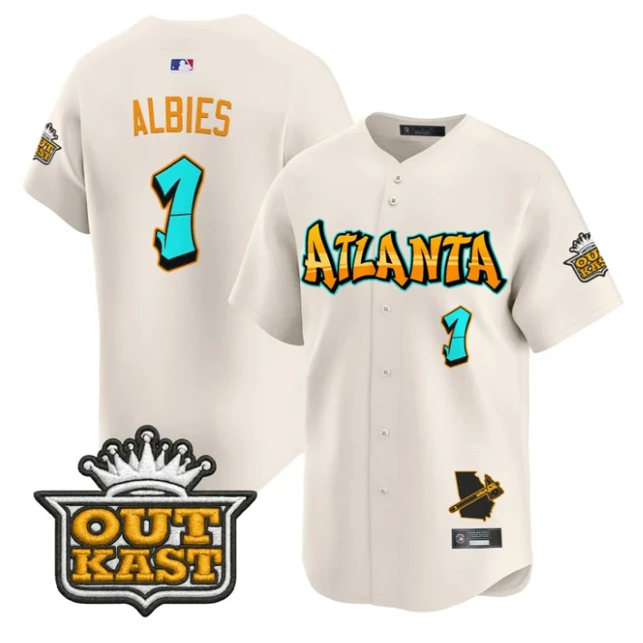 Ozzie Albies Jersey #1 Atlanta Braves Graffiti A-Town Edition Stitched Cream by My Store