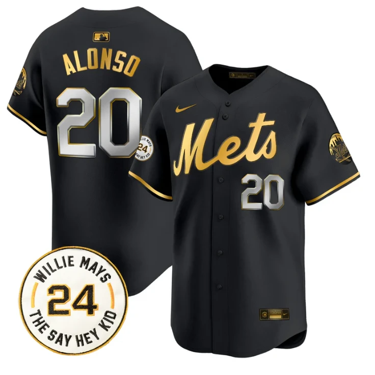 Pete Alonso Jersey #20 Mets Willie Mays Patch Vapor Premier Limited Stitched Black Gold by My Store
