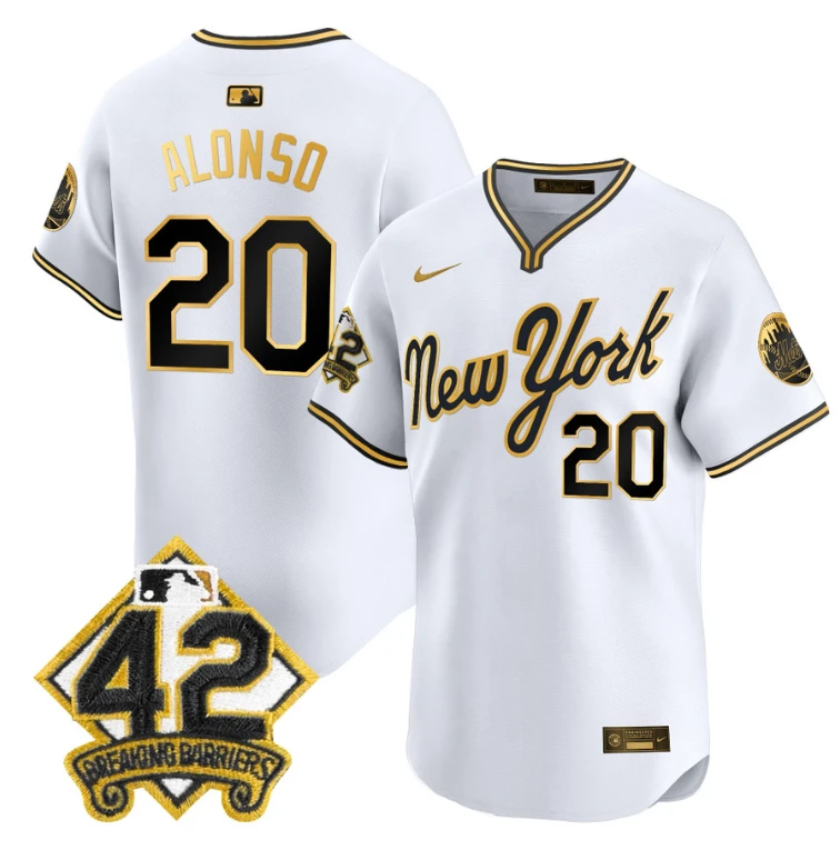 Pete Alonso Jersey #20 New York Mets 2025 Jackie Robinson Patch Road Alternate Stitched White Gold by My Store
