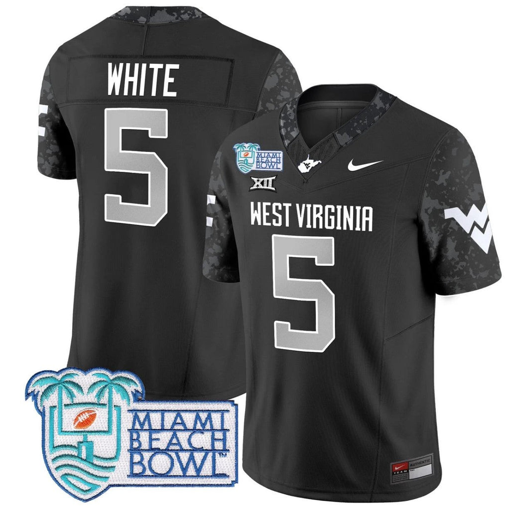 Pat White Jersey #5 West Virginia Mountaineers 2025 Miami Beach Bowl Coal by My Store