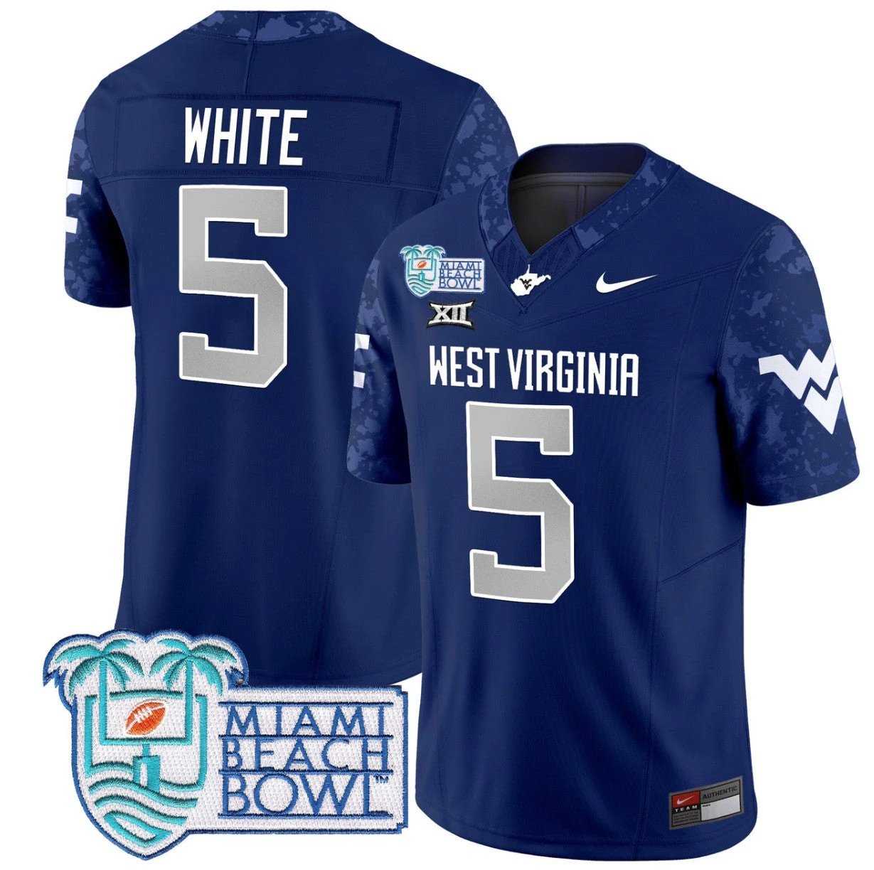 Pat White Jersey #5 West Virginia Mountaineers 2025 Miami Beach Bowl Navy by My Store