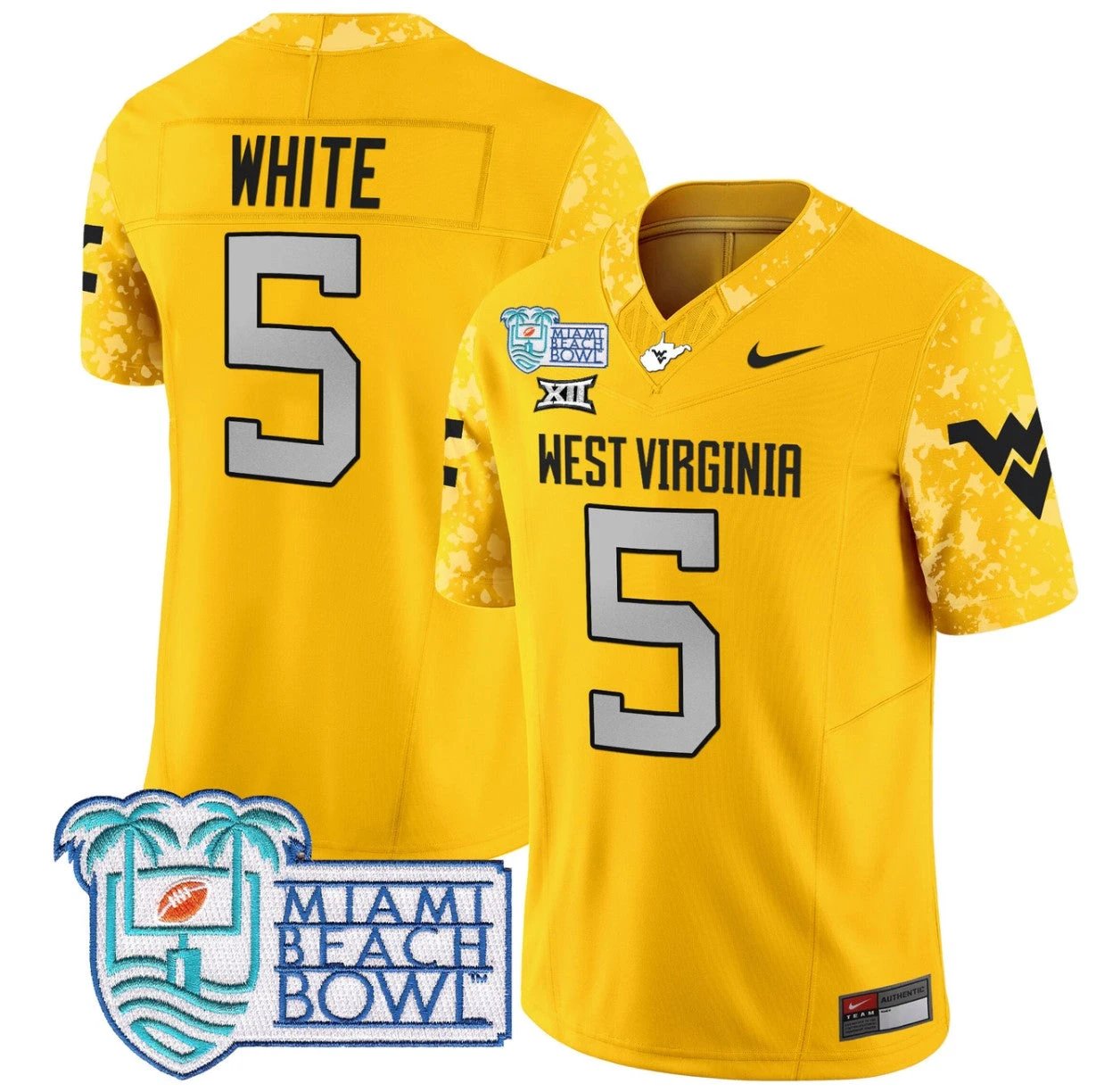 Pat White Jersey #5 West Virginia Mountaineers 2025 Miami Beach Bowl Gold by My Store
