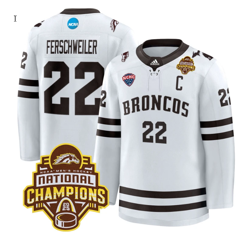 Pat Ferschweiler Jersey #22 Western Michigan Broncos 2025 National Champions Patch Premium Stitched White by Hockey David