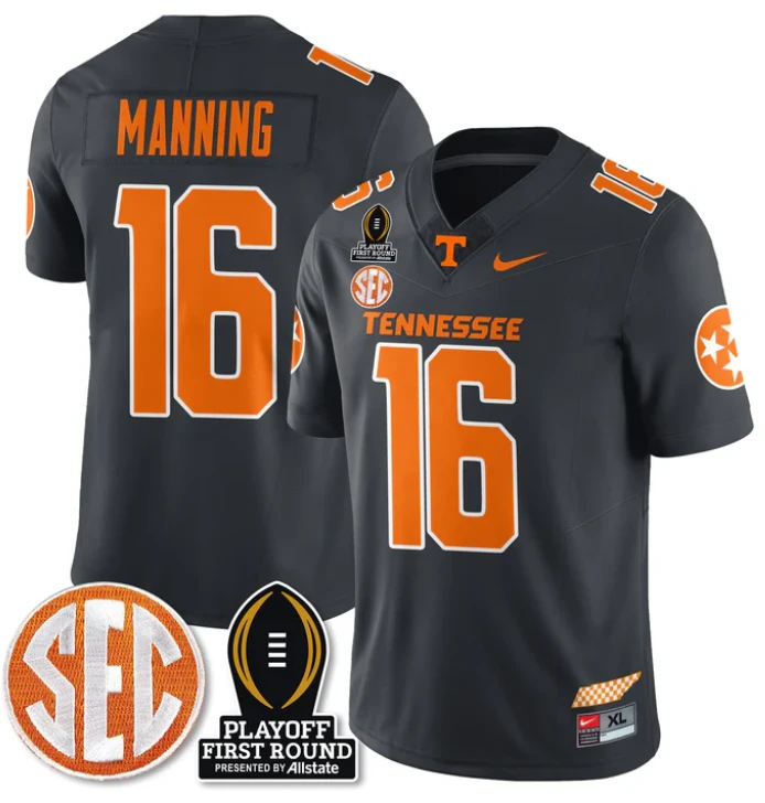 Peyton Manning Jersey #16 Tennessee Vols Playoff First Round Patch Smokey Grey by NCAA Football Jersey