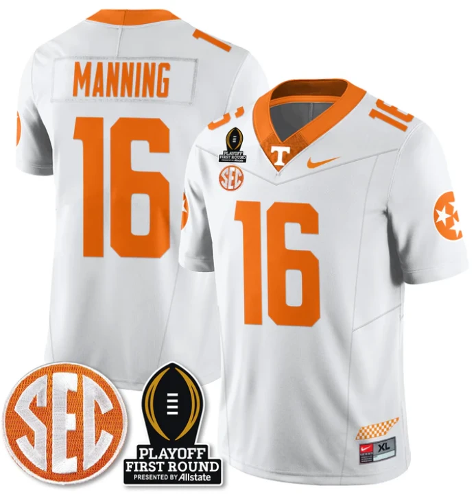 Peyton Manning Jersey #16 Tennessee Vols Playoff First Round Patch White by NCAA Football Jersey