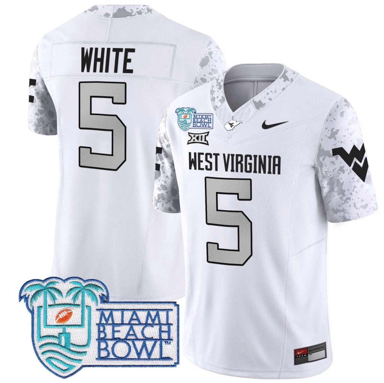 Pat White Jersey #5 West Virginia Mountaineers 2025 Miami Beach Bowl White by My Store