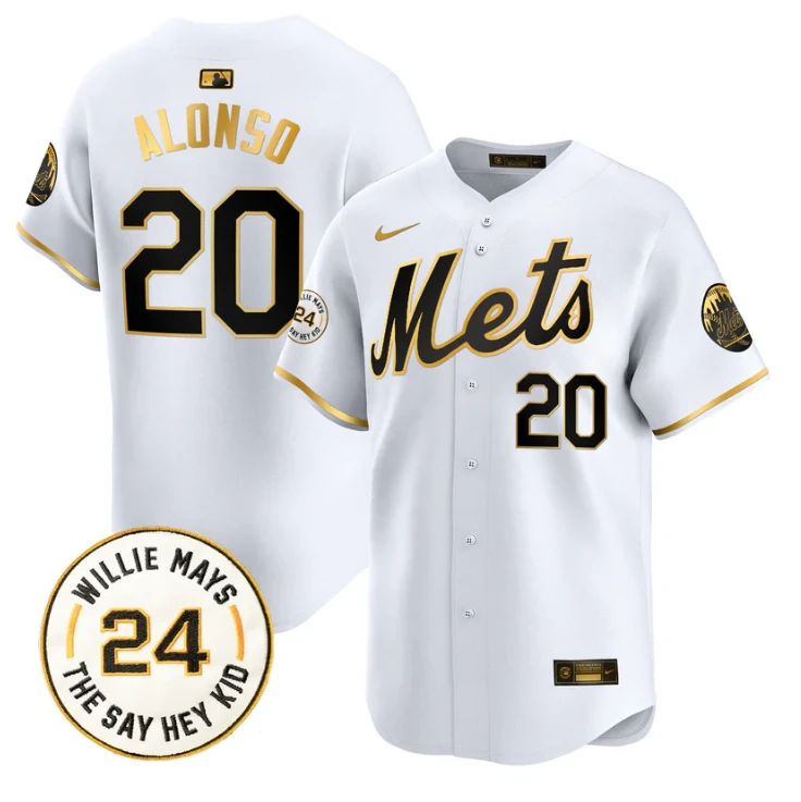 Pete Alonso Jersey #20 Mets Willie Mays Patch Vapor Premier Limited Stitched White Gold by My Store
