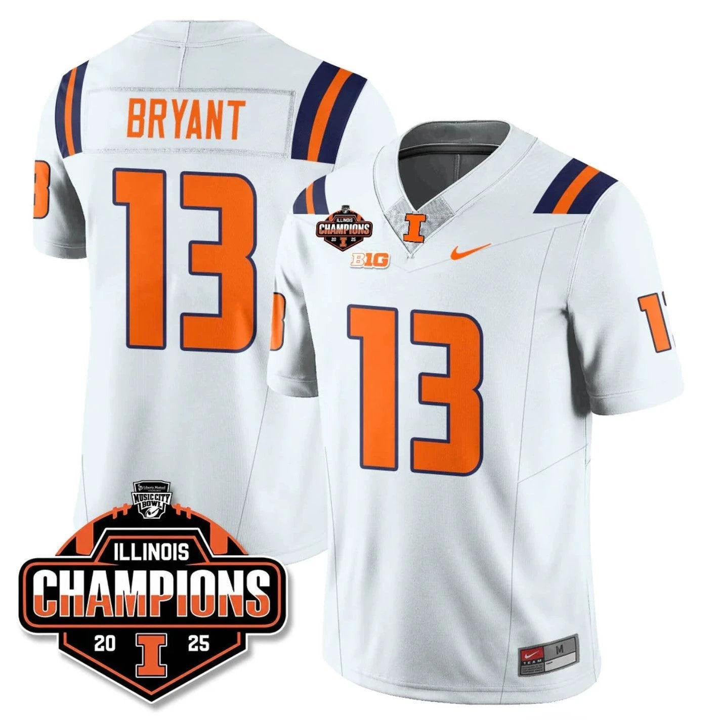 Pat Bryant Jersey #13 Illinois Fighting 2025 Music City Bowl Champions White by NCAA Football Jersey
