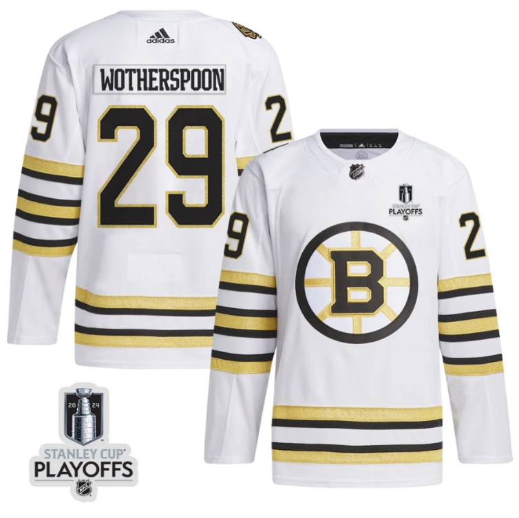 Parker Wotherspoon 29 Boston Bruins 2024 NHL Playoffs Patch Away Jersey - Men, White by Hockey David