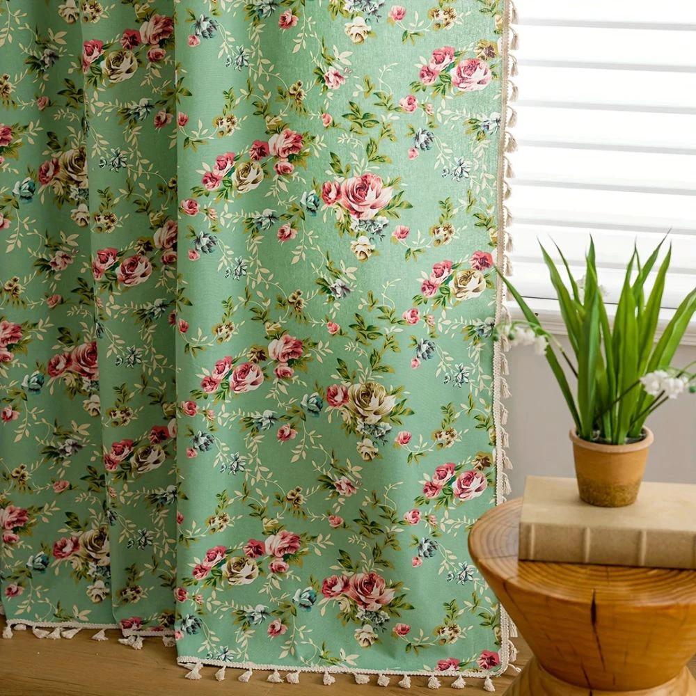 Pastoral Green Rose Tassel Curtain by Casa & Beyond