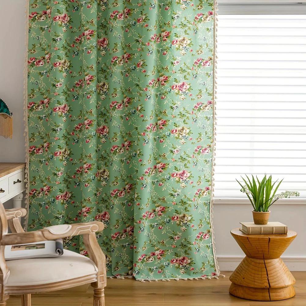 Pastoral Green Rose Tassel Curtain by Casa & Beyond