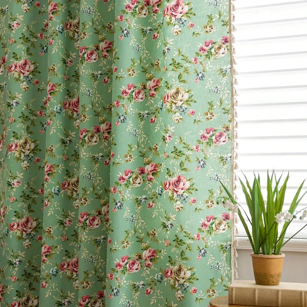 Pastoral Green Rose Tassel Curtain by Casa & Beyond