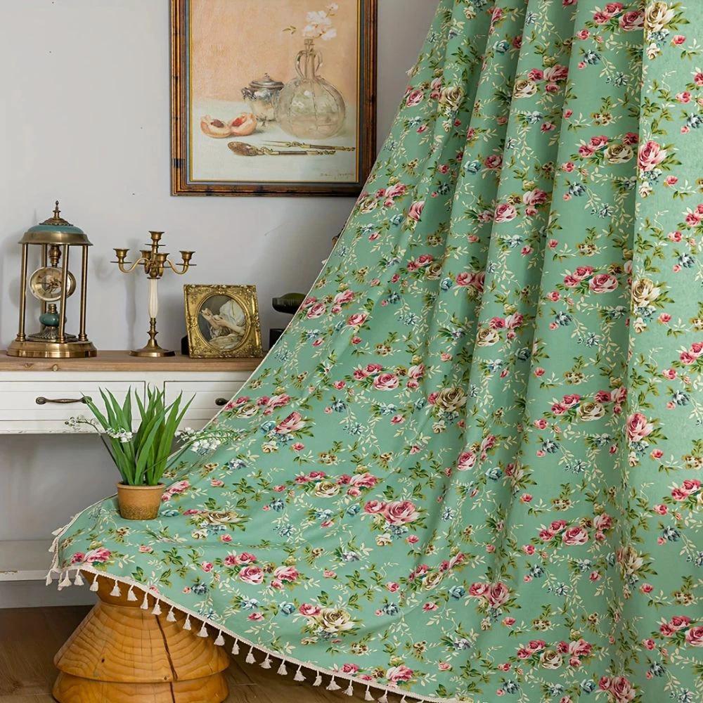 Pastoral Green Rose Tassel Curtain by Casa & Beyond