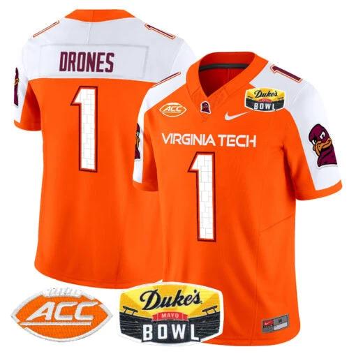 Kyron Drones Jersey #1 Virginia Tech Hokies 2025 Duke’s Mayo Bowl Patch Orange Alternate by My Store