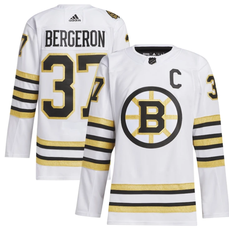 Patrice Bergeron 37 Boston Bruins 100th Anniversary Primegreen Away Men Jersey White by Hockey David