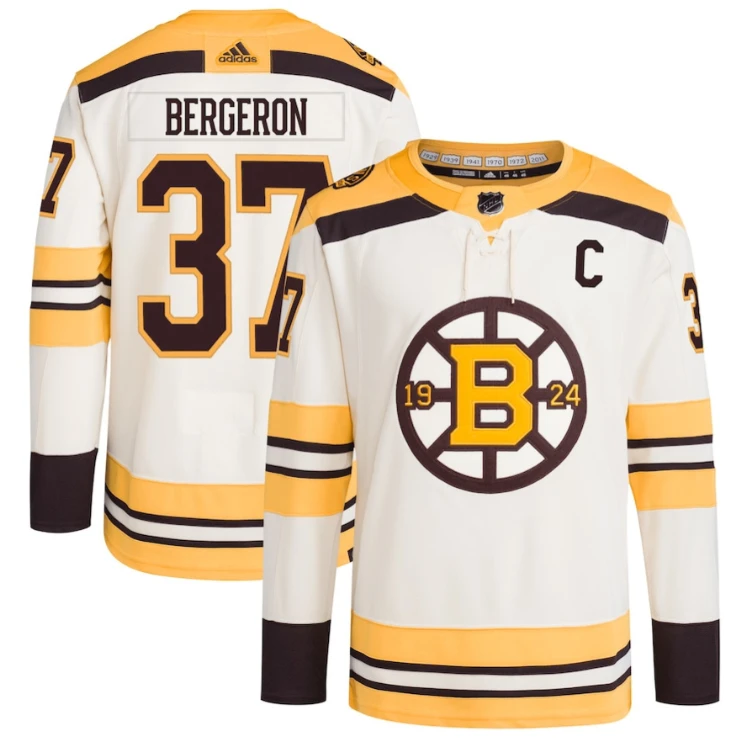 Patrice Bergeron 37 Boston Bruins 100th Anniversary Primegreen Third Men Jersey - Cream by Hockey David