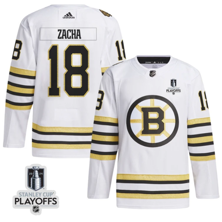 Pavel Zacha 18 Boston Bruins 2024 NHL Playoffs Patch Away Jersey - Men, White by Hockey David