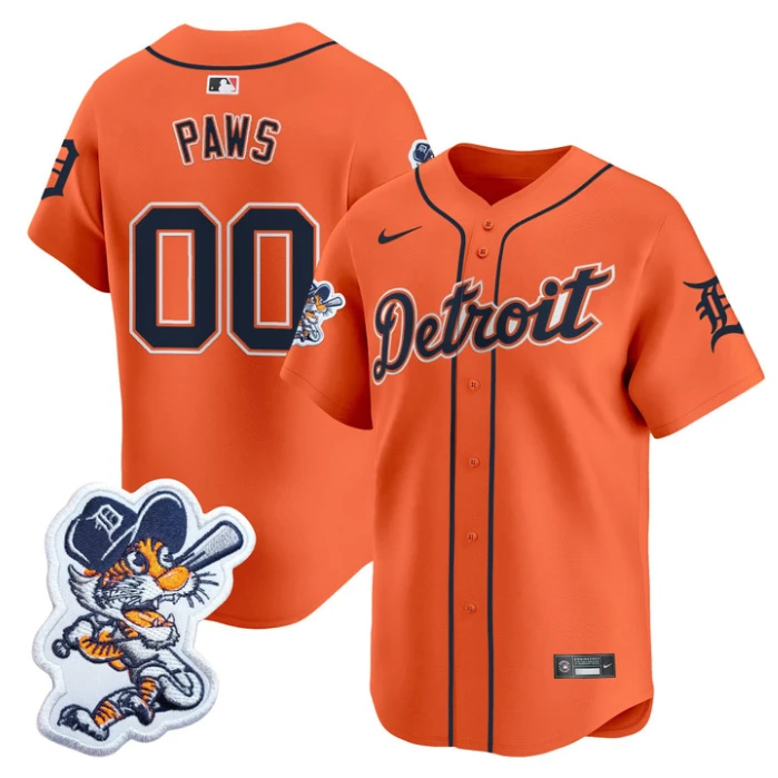 Paws Jersey #00 Detroit Tigers Paws Patch Vapor Premier Limited Stitched Orange by My Store