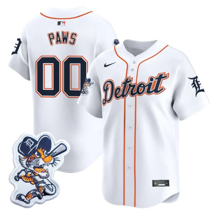 Paws Jersey #00 Detroit Tigers Paws Patch Vapor Premier Limited Stitched White by My Store