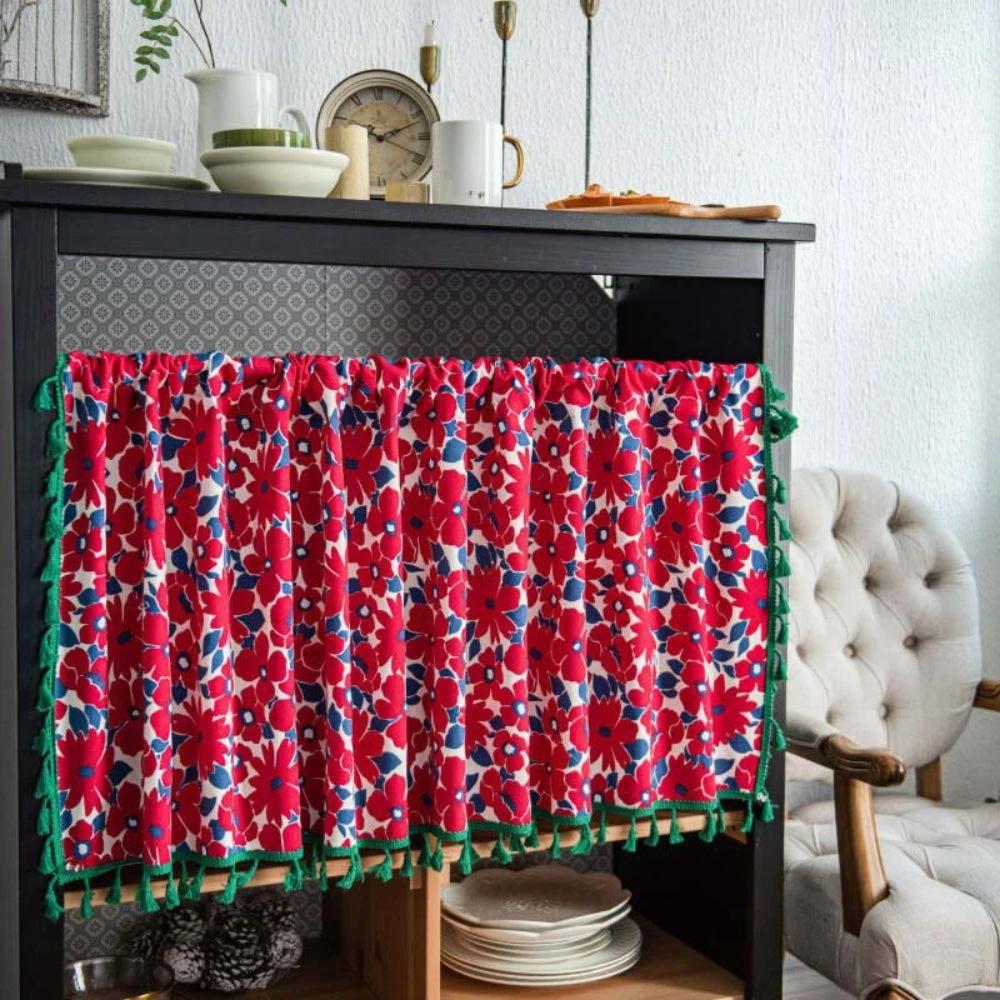 Graceful Red Floral Linen Cabinet Window Curtain by Casa & Beyond