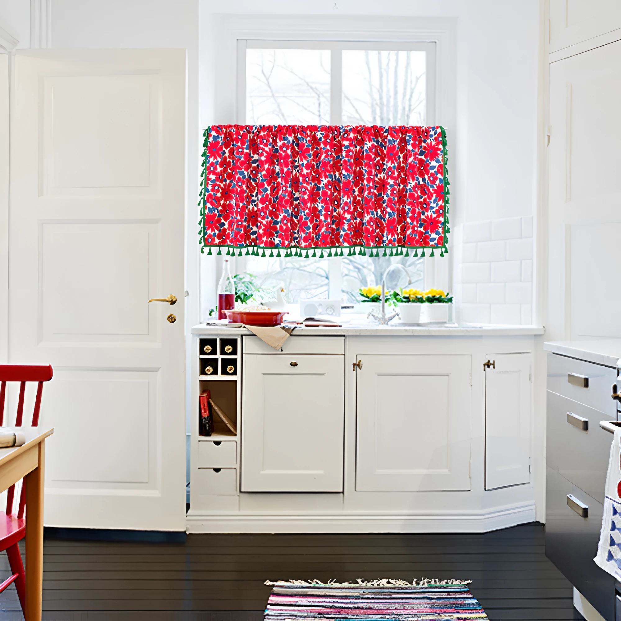 Graceful Red Floral Linen Cabinet Window Curtain by Casa & Beyond