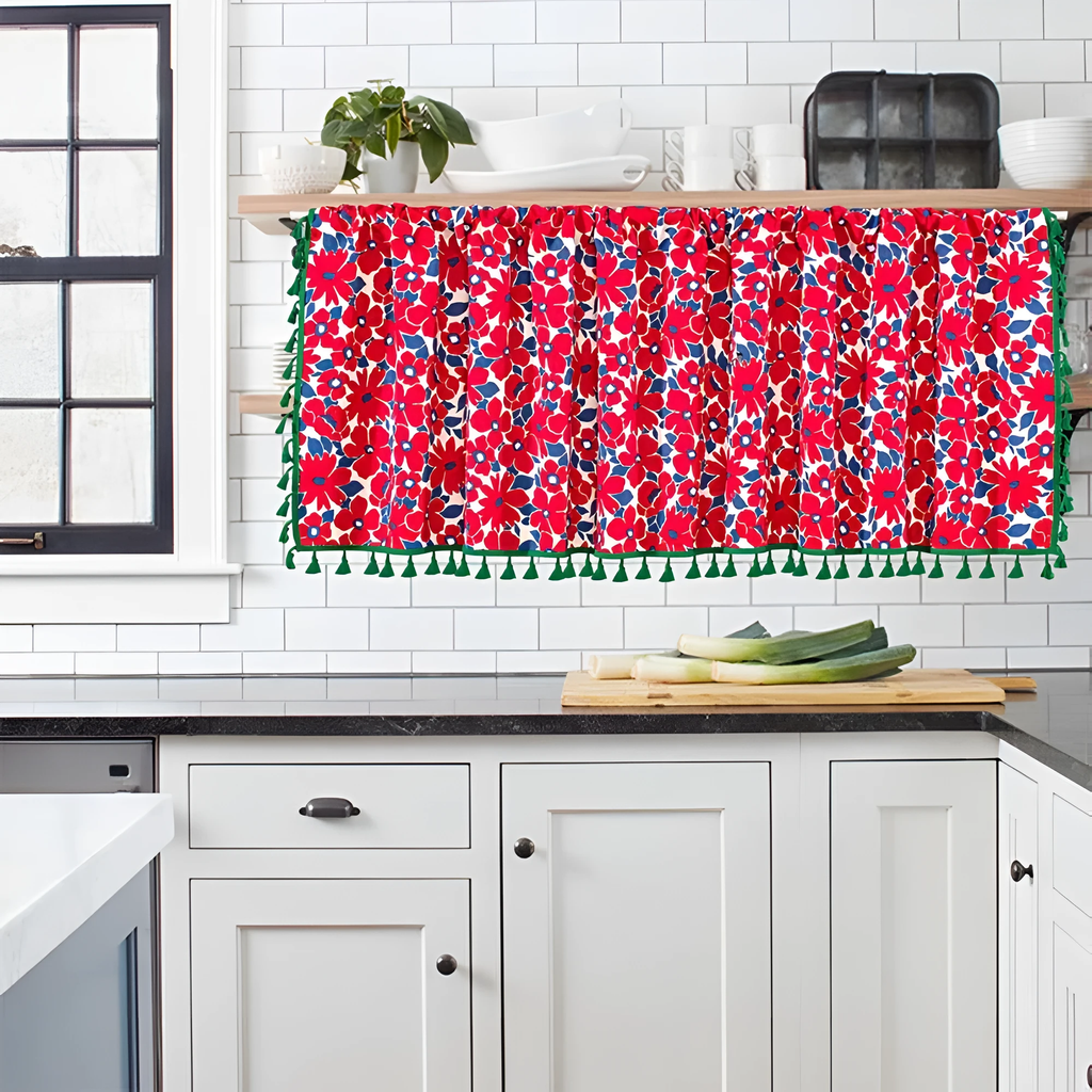 Graceful Red Floral Linen Cabinet Window Curtain by Casa & Beyond