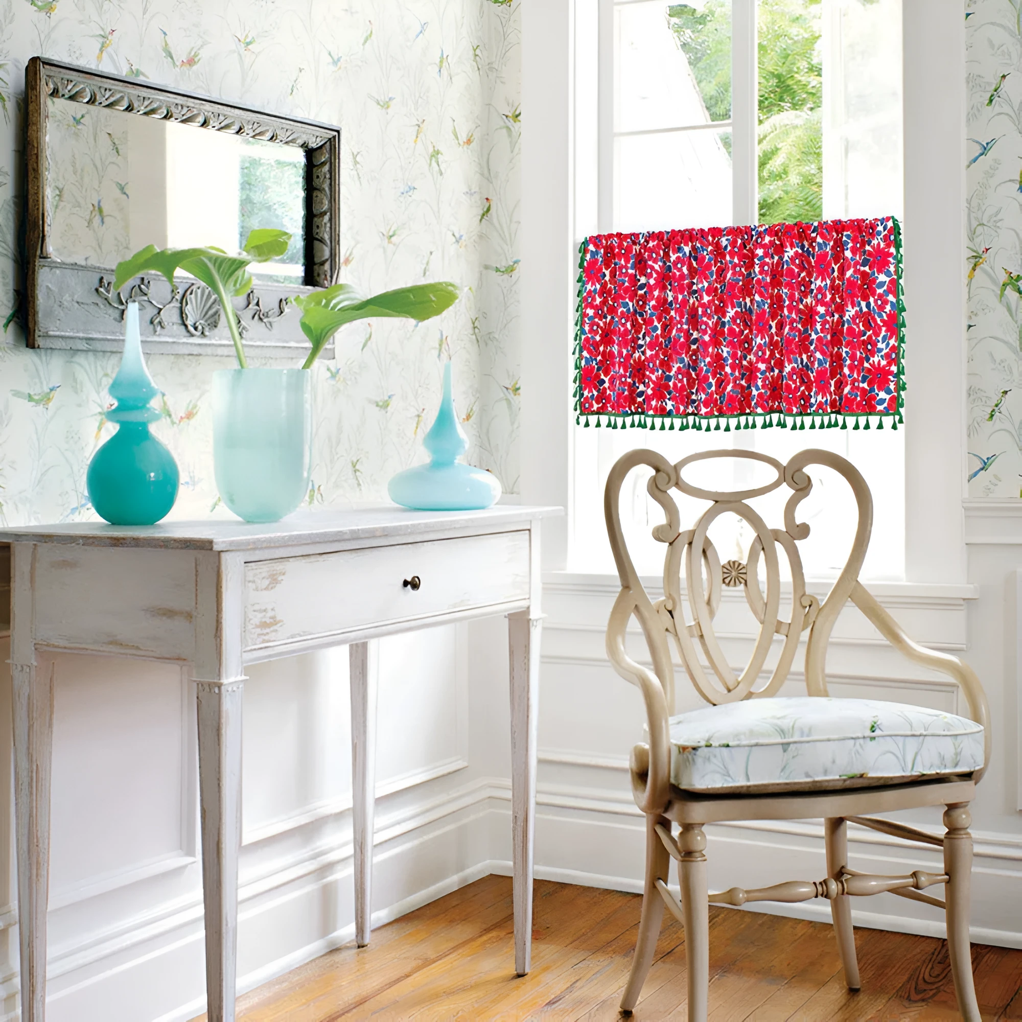 Graceful Red Floral Linen Cabinet Window Curtain by Casa & Beyond