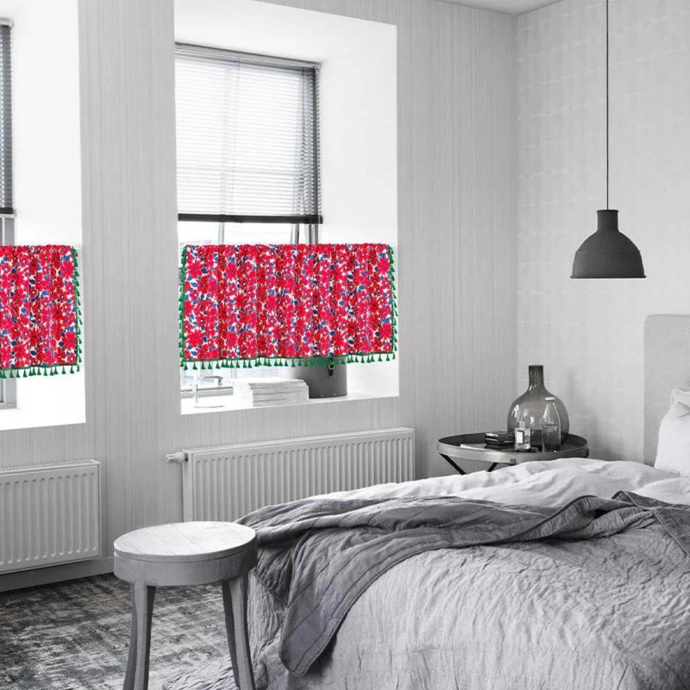 Graceful Red Floral Linen Cabinet Window Curtain by Casa & Beyond