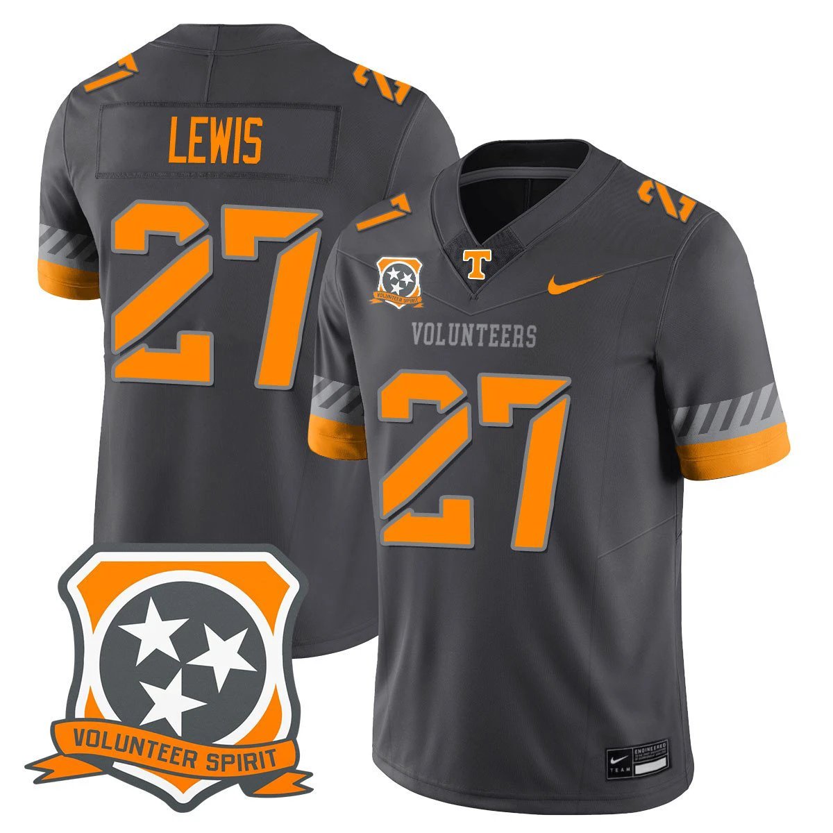 Peyton Lewis Jersey #27 Tennessee Volunteers 2025 Spirit Stitched Smokey Gray by NCAA Football Jersey