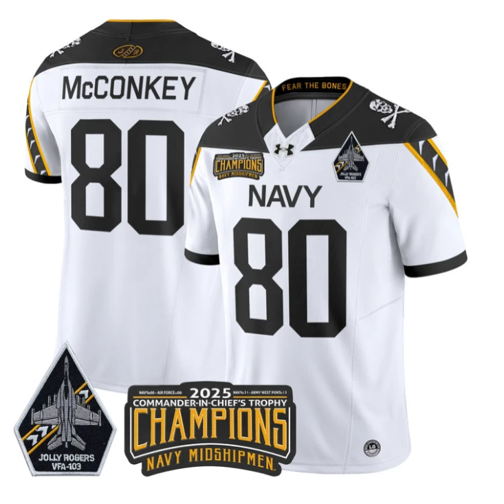 Phil McConkey Jersey #80 Navy Midshipmen Jolly Rogers 2025 Trophy White by My Store NCAA Football Jerseys
