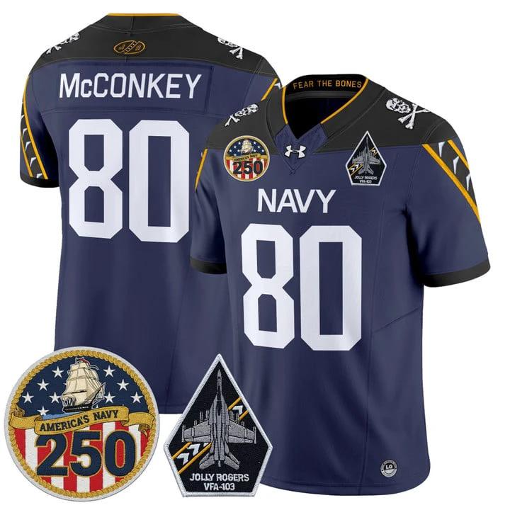 Phil McConkey Jersey #80 Navy Midshipmen Jolly Rogers 250th Patch Stitched by My Store NCAA Football Jerseys
