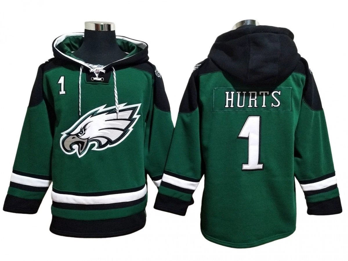 Philadelphia Eagles #1 Jalen Hurts Lace-Up Pullover Hoodie by Hoodie Pullover