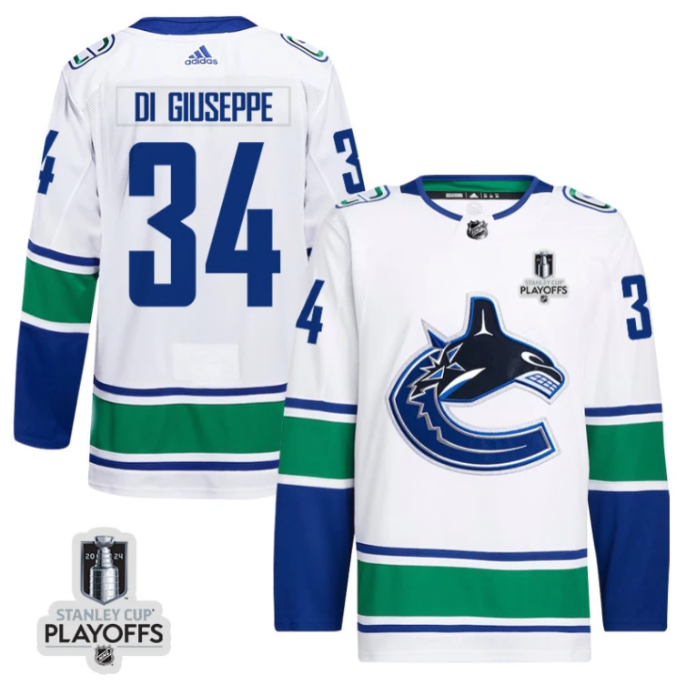 Phillip Di Giuseppe 34 Vancouver Canucks 2024 NHL Playoffs Patch Away Jersey - Men, White by Hockey David