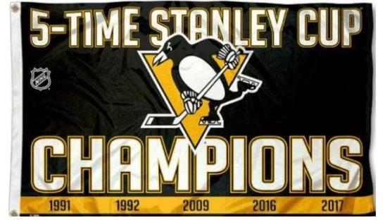 Pittsburgh Penguins 5 Time Stanley Cup Champs Flag 3X5Ft Polyester Digital Print Banner USA by flagsjustdoit